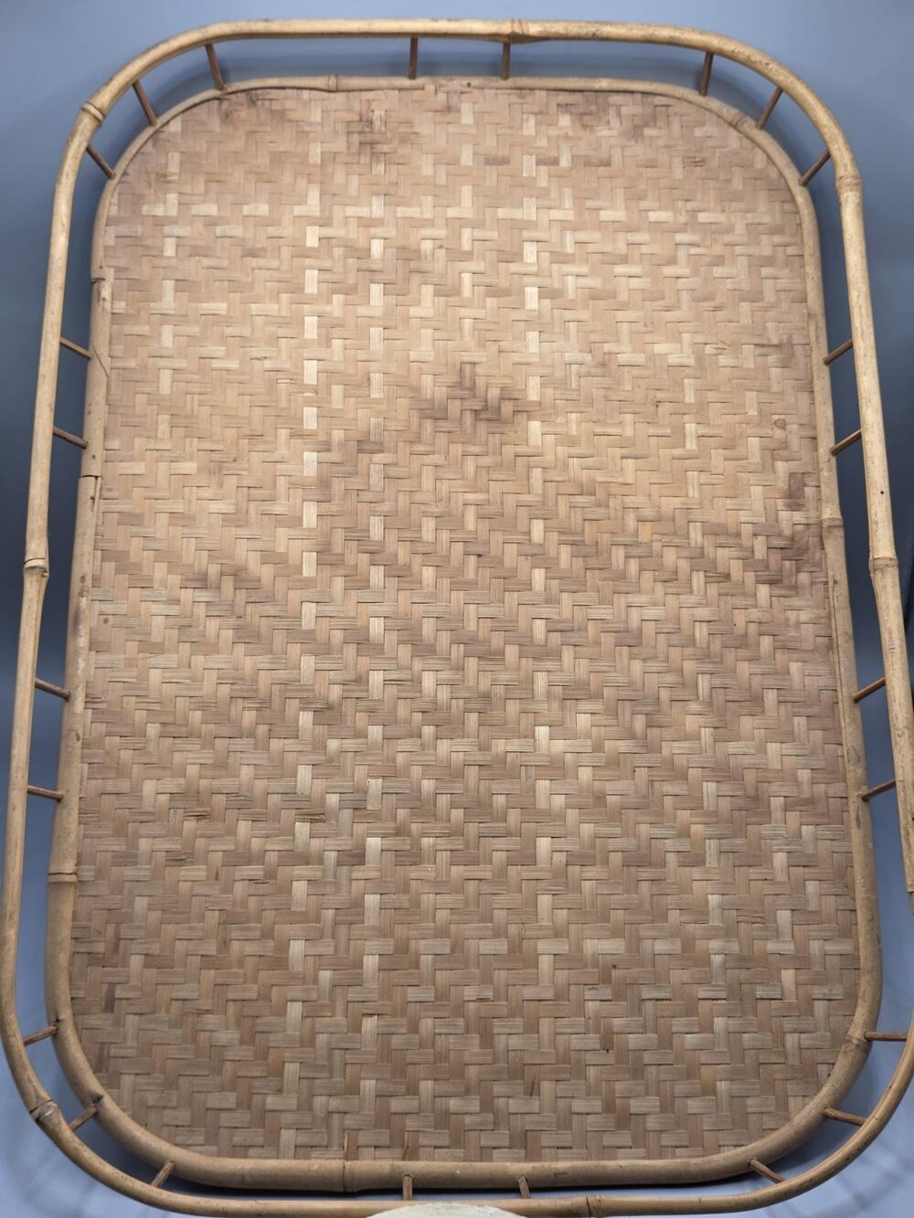 Vtg Woven Bamboo Rattan Serving Tray Boho Large Rectangular Gallery Rim